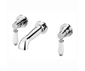 ENKI, Downton, BT0505, Chrome, Wall Mounted Basin Mixer Tap, Bath Filler Tap, 3 Hole, Traditional White Ceramic Twin Levers, Solid Brass Mixer Taps for Bathroom, Easy to Install, 10-Year Guarantee