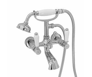 ENKI, Downton, BT0510 Wall Mounted Bath Shower Mixer Tap with White Ceramic Levers Chrome