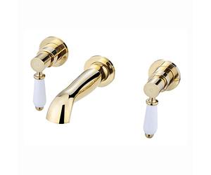 ENKI, Downton, BT0605, English Gold, Wall Mounted Basin Mixer Tap, 3 Hole, Traditional White Ceramic Twin Levers, Solid Brass Mixer Taps for Bathroom, Easy to Install, 10-Year Guarantee