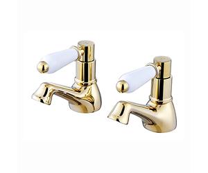 ENKI, Downton, BT0606 Hot and Cold Basin Taps with White Ceramic Levers English Gold
