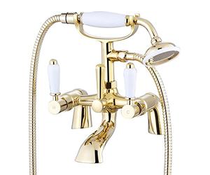ENKI, Downton, BT0608 Bath Shower Mixer Tap with White Ceramic Levers English Gold