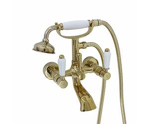 ENKI, Downton, BT0610 Wall Mounted Bath Shower Mixer Tap with White Ceramic Levers English Gold