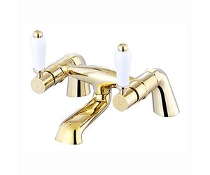 ENKI, Downton, BT0613 Bath Mixer Tap with White Ceramic Levers English Gold