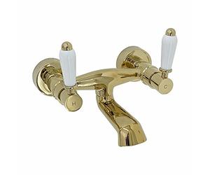 ENKI, Downton, BT0620 Wall Mounted Bath Mixer Tap with White Ceramic Levers English Gold