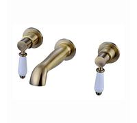 ENKI, Downton, BT0805, Antique Brass, Wall Mounted Basin Mixer Tap, 3 Hole, Traditional White Ceramic Twin Levers, Solid Brass Mixer Taps for Bathroom, Easy to Install, 10-Year Guarantee