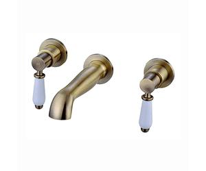 ENKI, Downton, BT0805, Antique Brass, Wall Mounted Basin Mixer Tap, 3 Hole, Traditional White Ceramic Twin Levers, Solid Brass Mixer Taps for Bathroom, Easy to Install, 10-Year Guarantee