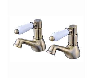 ENKI, Downton, BT0806 Hot and Cold Basin Taps with White Ceramic Levers, Antique Brass