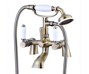ENKI, Downton, BT0808 Bath Shower Mixer Tap with White Ceramic Levers Antique Brass