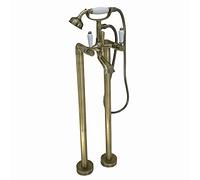 ENKI, Downton, BT0809 Floorstanding Bath Shower Mixer Tap with White Ceramic Levers Antique Brass