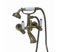 ENKI, Downton, BT0810 Wall Mounted Bath Shower Mixer Tap with White Ceramic Levers Antique Brass