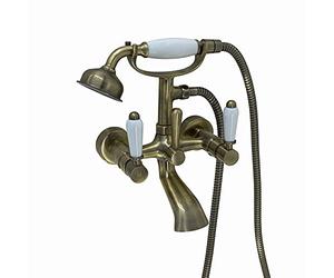 ENKI, Downton, BT0810 Wall Mounted Bath Shower Mixer Tap with White Ceramic Levers Antique Brass