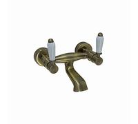 ENKI, Downton, BT0820 Wall Mounted Bath Mixer Tap with White Ceramic Levers Antique Brass
