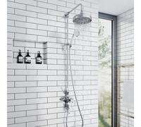 Enki Downton Chrome White Modern Bathroom Brass Ceramic Thermostatic 2-Outlet Triple Valve Round Shower Handset & Riser Rail Kit