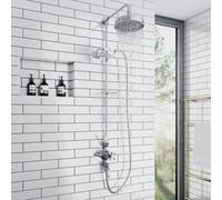 Enki Downton Chrome White Modern Bathroom Brass Ceramic Thermostatic 2-Outlet Triple Valve Telephone Shower Head & Riser Rail Kit
