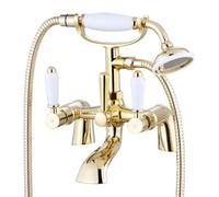 Enki Downton English Gold White Traditional Bathroom Brass Ceramic Deck Mounted Swivel Levers Round Shower Head Bath Mixer Tap