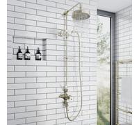 Enki Downton English Gold White Traditional Bathroom Brass Ceramic Thermostatic 2-Outlet Telephone Shower Head & Riser Rail Kit