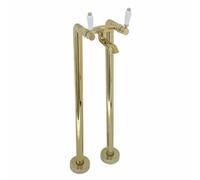 Enki Downton Gold White Modern Traditional Bathroom Brass Ceramic Floorstanding Hot & Cold Swivel Levers Drip-Free Bath Mixer Tap