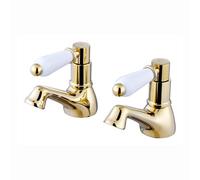Enki Downton Gold White Modern Traditional Bathroom Brass Ceramic Hot & Cold Swivel Levers 1/2" Connection Pillar Basin Mixer Taps