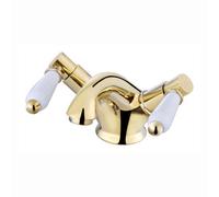 Enki Downton Gold White Modern Traditional Bathroom Brass Ceramic Monobloc Hot & Cold Swivel Levers Drip-Free Basin Mixer Tap