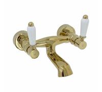 Enki Downton Gold White Modern Traditional Bathroom Brass Ceramic Wall Mounted Hot & Cold Swivel Levers Drip-Free Bath Mixer Tap