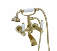 Enki Downton Gold White Modern Traditional Bathroom Brass Ceramic Wall Mounted Swivel Levers Round Shower Head Bath Mixer Tap