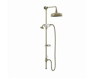 ENKI, Downton, RG046 Traditional Dual Rigid Shower Riser Kit with Diverter, Large Overhead Shower, Telephone Style Handset, Caddy, Antique Brass