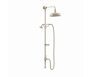 ENKI, Downton, RG049 Traditional Dual Rigid Shower Riser Kit with Diverter, Large Overhead Shower, Telephone Style Handset, Caddy, Polished Gold