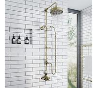 ENKI, Downton, SH0176, Traditional Shower Set with 2 Shower Head Outlets, Telephone Style Cradle & Soap Dish, Twin Thermostatic Shower Valve, Antique Brass Shower Tap