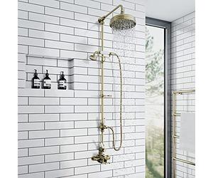 ENKI, Downton, SH0176, Traditional Shower Set with 2 Shower Head Outlets, Telephone Style Cradle & Soap Dish, Twin Thermostatic Shower Valve, Antique Brass Shower Tap