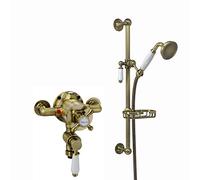ENKI, Downton, SH0556, Exposed Traditional Thermostatic Shower Set Incl. Twin Shower Valve and Slider Rail Kit, Soap Holder, Antique Brass