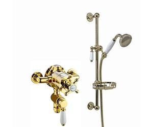 ENKI, Downton, SH0556, Exposed Traditional Thermostatic Shower Set Incl. Twin Shower Valve and Slider Rail Kit, Soap Basket, Gold