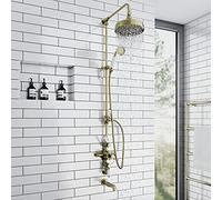 ENKI, Downton, SH0569, Antique Brass Shower Set 3 Outlets, Triple Thermostatic Shower Valve, Rainshower Head, Sliding Handset Riser Rail, Thermostatic Bath Mixer Filler Spout, Brushed Gold Shower