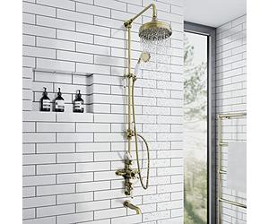 ENKI, Downton, SH0569, Antique Brass Shower Set 3 Outlets, Triple Thermostatic Shower Valve, Rainshower Head, Sliding Handset Riser Rail, Thermostatic Bath Mixer Filler Spout, Brushed Gold Shower