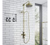 ENKI, Downton, SH0629, Shower Set 2 Shower Head Outlets & Telephone Style Cradle, Triple Thermostatic Shower Valve, Antique Brass Shower Tap Attachment for Bathrooms Showers Victorian Rigid Riser Kit