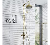 ENKI, Downton, SH0630, Shower Set with 2 Shower Head Outlets, Triple Thermostatic Shower Valve, Antique Brass Shower Tap Attachment for Bathrooms Showers