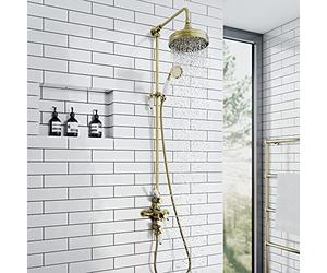 ENKI, Downton, SH0630, Shower Set with 2 Shower Head Outlets, Triple Thermostatic Shower Valve, Antique Brass Shower Tap Attachment for Bathrooms Showers
