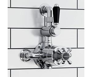 ENKI, Downton, T100, Traditional Thermostatic Shower Valve with Return to Wall Bend, Semi-Concealed Shower Valve, Chrome and Black