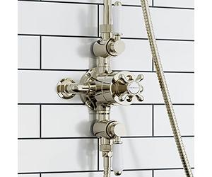 ENKI Downton T68, Double Shower Outlet, Triple Thermostatic Valve, Gold & White Tap Attachment, Classic Shower Valve