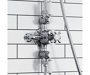 ENKI, Downton, T86, Double Shower Unit Outlet, Triple Thermostatic Shower Valve, White & Chrome Shower Tap Attachment for Bathroom Shower, Classic Shower Valve Style