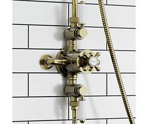 ENKI, Downton, T92, Double Shower Unit Outlet, Triple Thermostatic Shower Valve, Antique Brass Shower Tap Attachment for Bathroom Shower, Classic Shower Valve Style