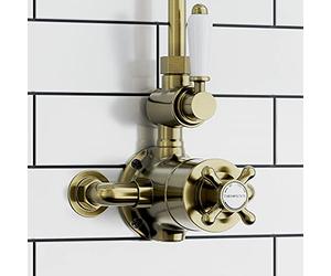 ENKI, Downton, T93, Single Shower Unit Outlet, Twin Thermostatic Shower Valve Outlet, Antique Brass Shower Tap Attachment for Bathroom Showers, Traditional Shower Valve Style