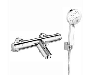 ENKI, Dune, BBT0215, Chrome, Thermostatic Deck Mounted Bath Shower Mixer Valve with Shower Head, Hose & Bracket, Solid Brass, Anti-Scald Device, Modern, 1-Year Guarantee