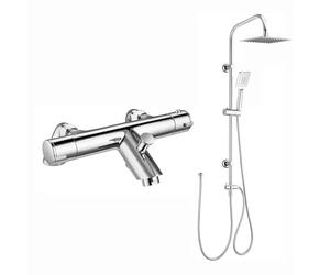 ENKI, Dune, BBT0245, Chrome, Thermostatic Bath Shower Mixer Valve with Dual Rigid Riser Kit, Square 200mm Ultra Slim Overhead Shower & Multi Hand Shower, Anti-Scald Device, Modern, 1-Year Guarantee