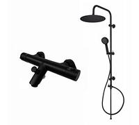 ENKI, Dune, BBT0250, Black, Thermostatic Bath Shower Mixer Valve with Dual Rigid Riser Kit, Large 300mm Ultra Slim Overhead Shower & Multi Hand Shower, Anti-Scald Device, Modern, 1-Year Guarantee