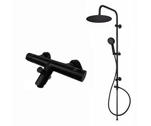 ENKI, Dune, BBT0250, Black, Thermostatic Bath Shower Mixer Valve with Dual Rigid Riser Kit, Large 300mm Ultra Slim Overhead Shower & Multi Hand Shower, Anti-Scald Device, Modern, 1-Year Guarantee