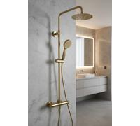 Enki Dune Brushed Brass Traditional Bathroom Thermostatic 2-Outlet Shower Mixer Valve Fixed Head Handset Bracket Holder & Hose Set