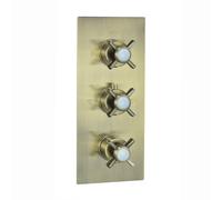 Enki Edwardian Antique Brass Modern Bathroom Concealed Thermostatic Wall Mounted Crosshead 3-Outlet Triple Valve Shower Mixer Unit