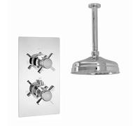 Enki Edwardian Chrome Modern Bathroom Brass Ceiling Mounted Concealed Thermostatic Crosshead Shower Mixer Valve & Fixed Head Set