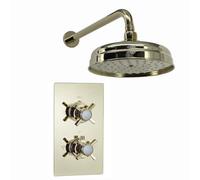 Enki Edwardian English Gold Modern Bathroom Brass Wall Mounted Concealed Thermostatic Crosshead Shower Mixer Valve & Fixed Head