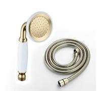 Enki English Gold Modern Traditional Bathroom Solid Brass Porcelain Anti-Clog Nozzles Round Hand Shower Head & Flexible Hose Set